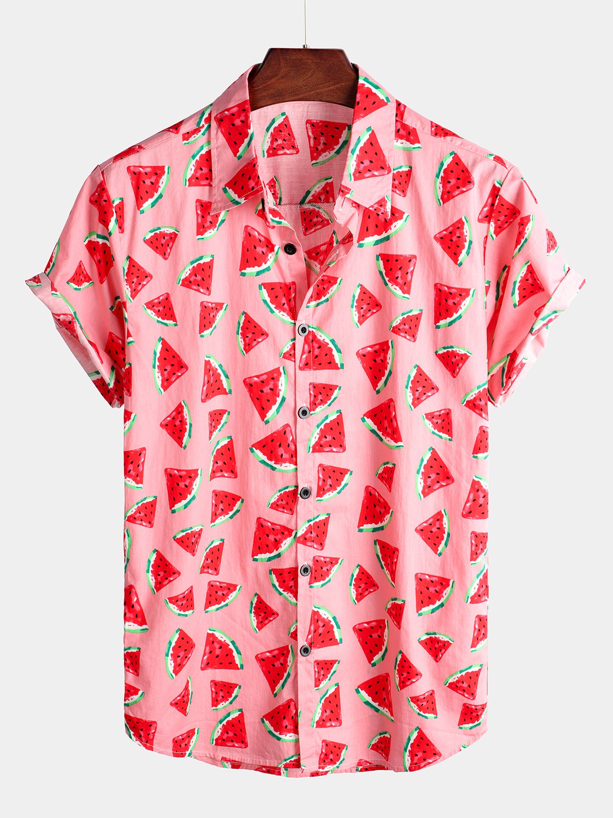 Men's Pink Watermelon Tropical Hawaii Fruit Print Cotton Shirt