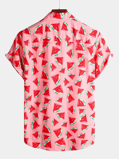 Men's Pink Watermelon Tropical Hawaii Fruit Print Cotton Shirt