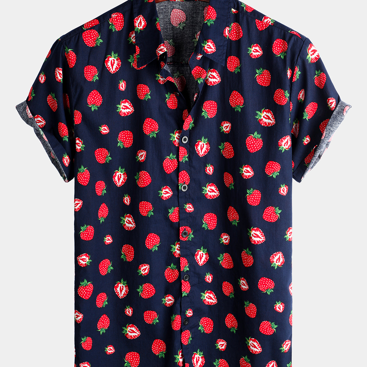 Men's Pink Strawberry Print Fruit Hawaiian Short Sleeve Resort Cotton Collared Shirt