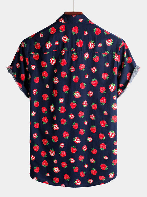 Men's Strawberry Print Fruit Hawaiian Short Sleeve Resort Cotton Collared Shirt