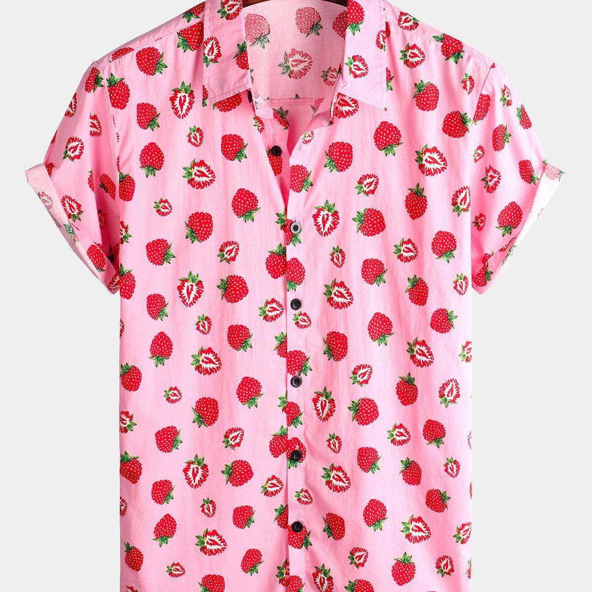 Men's Strawberry Print Fruit Hawaiian Short Sleeve Resort Cotton Collared Shirt
