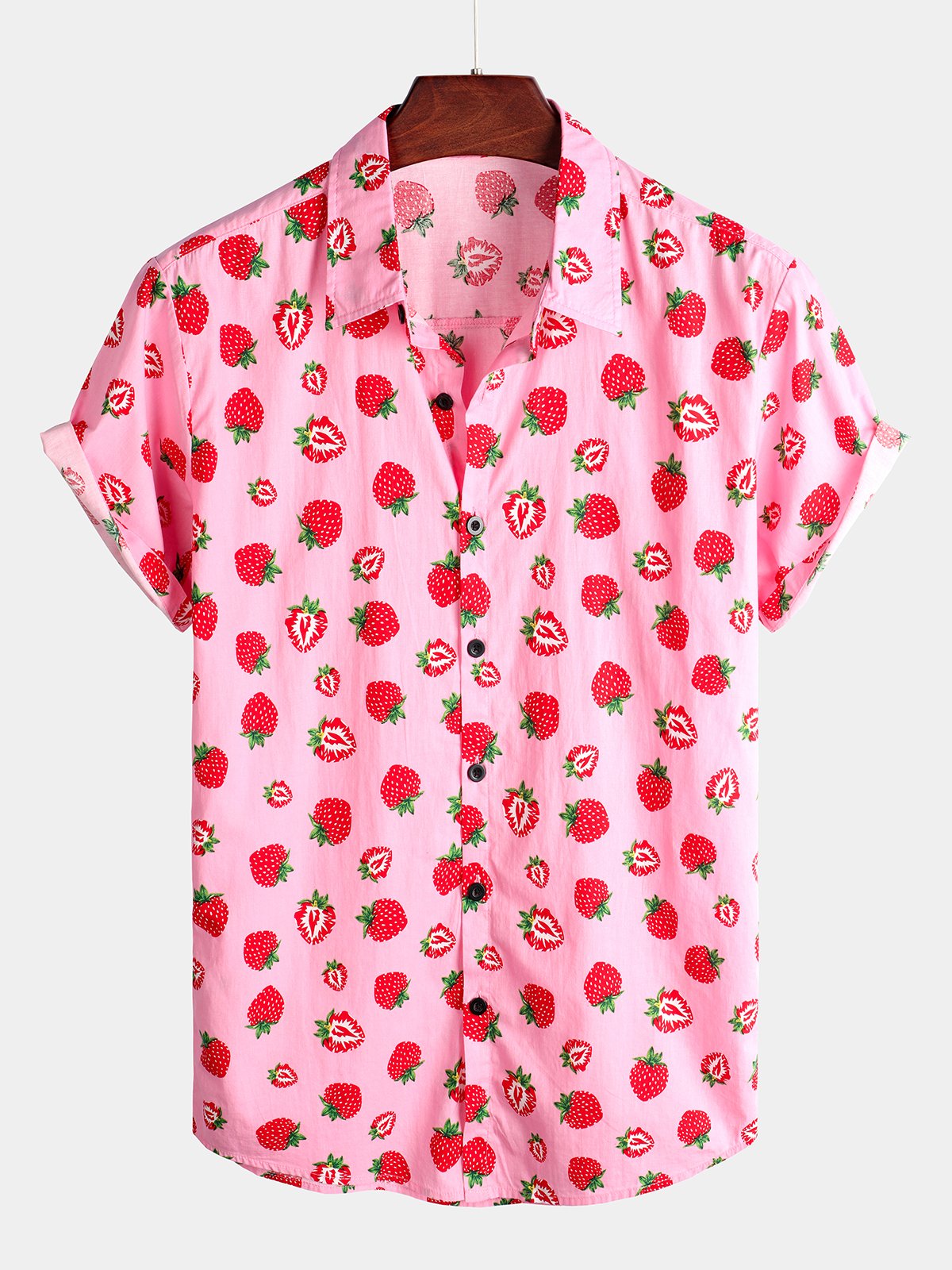 Men's Pink Strawberry Print Fruit Hawaiian Short Sleeve Resort Cotton Collared Shirt