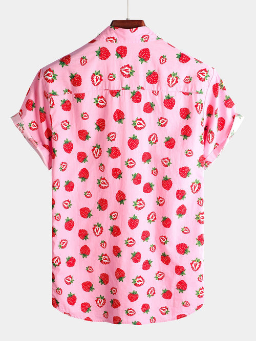 Men's Pink Strawberry Print Fruit Hawaiian Short Sleeve Resort Cotton Collared Shirt