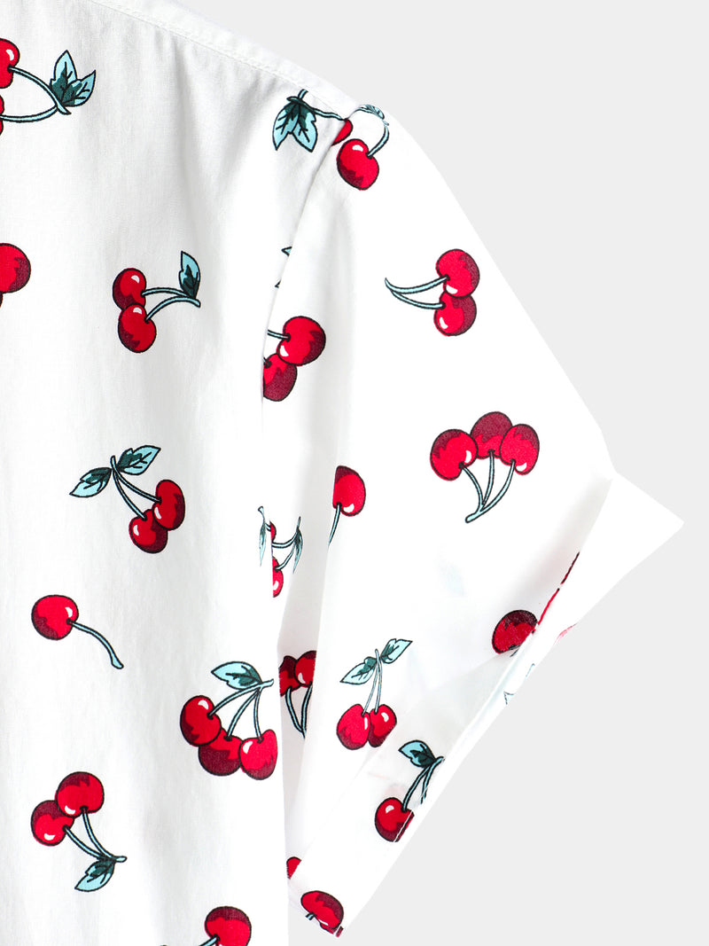 Men's Cherry Floral Print Tropical Hawaii Cotton Shirt