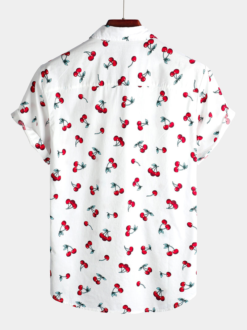 Men's Cherry Floral Print Tropical Hawaii Cotton Shirt