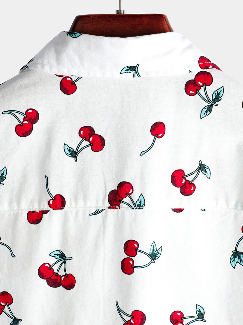 Men's Cherry Floral Print Tropical Hawaii Cotton Shirt