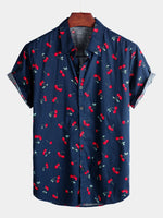 Men's Cherry Floral Print Tropical Hawaii Cotton Shirt