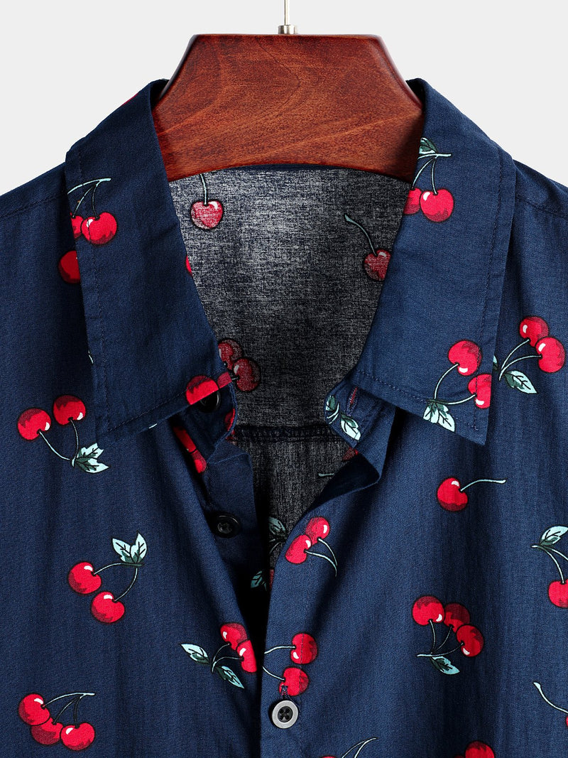Men's Cherry Floral Print Tropical Hawaii Cotton Shirt