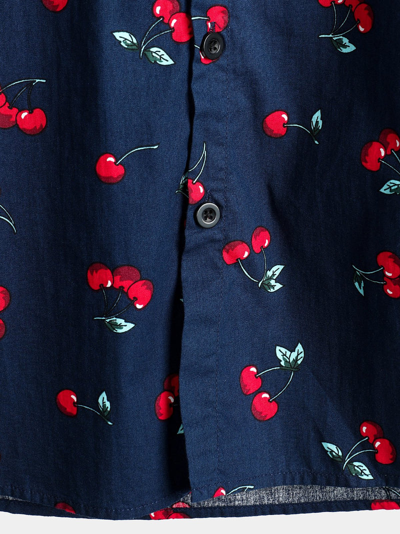 Men's Cherry Floral Print Tropical Hawaii Cotton Shirt