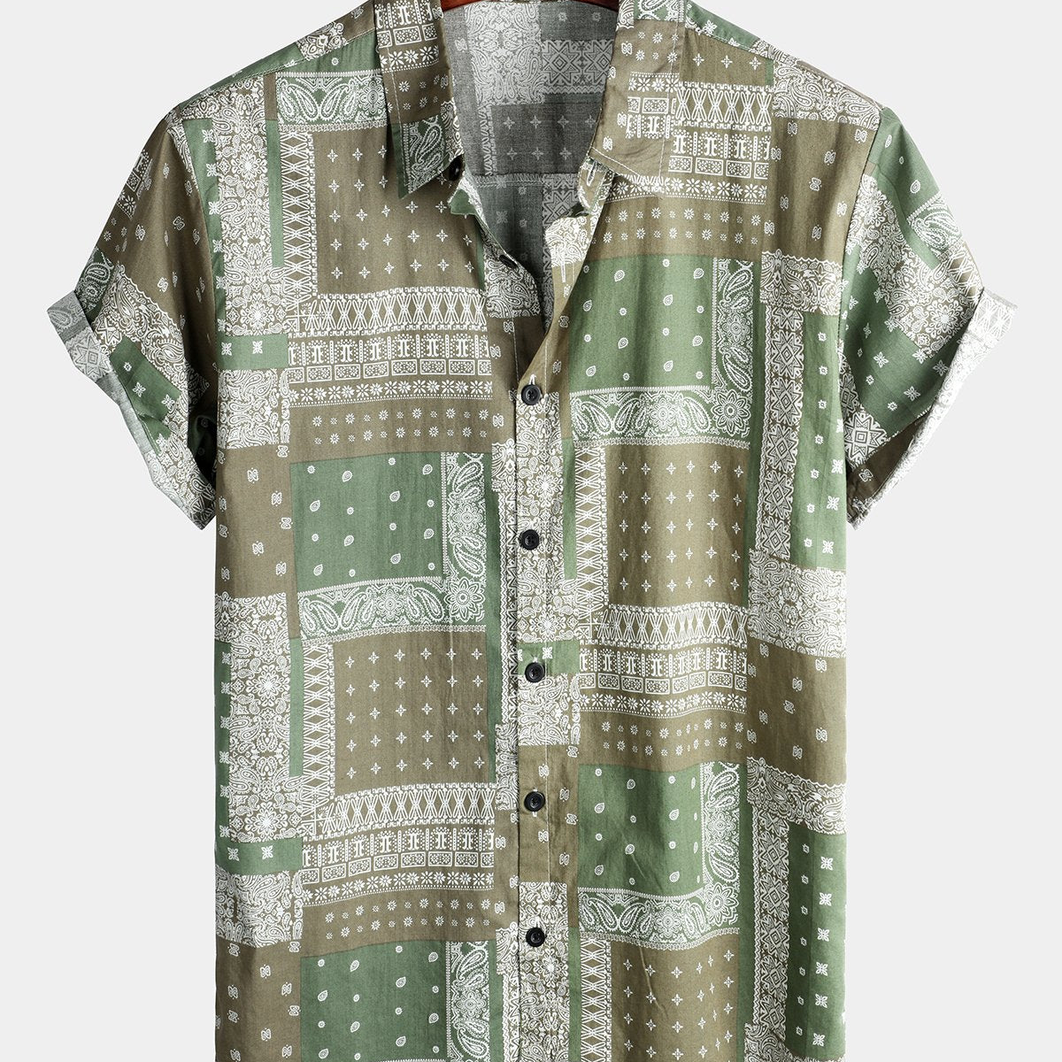 Men's Holiday Short Sleeve Patchwork Cotton Shirt