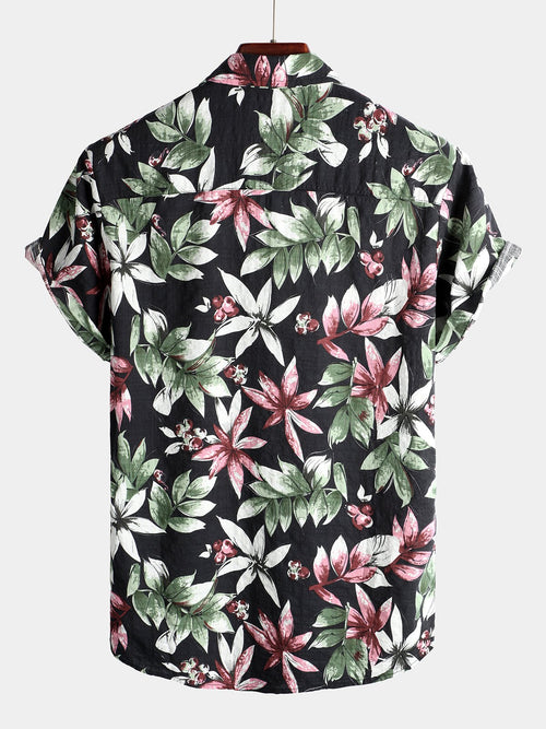 Men's Flower Print Cotton Hawaiian Short Sleeve Shirt