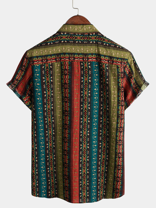 Men's Vintage Floral Colorful Striped Print Casual Summer Bohemian Short Sleeve Shirt