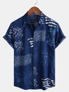 Men's Vintage Patchwork Breathable Cotton Button Up Short Sleeve Navy Blue Shirt