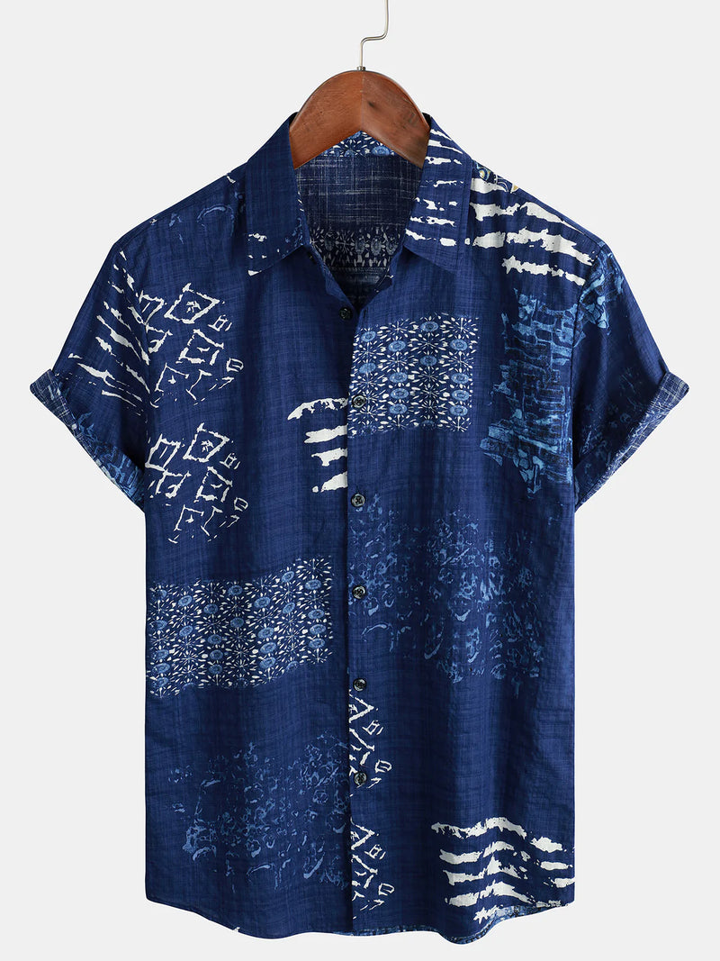 Men's Vintage Patchwork Breathable Cotton Button Up Short Sleeve Navy Blue Shirt