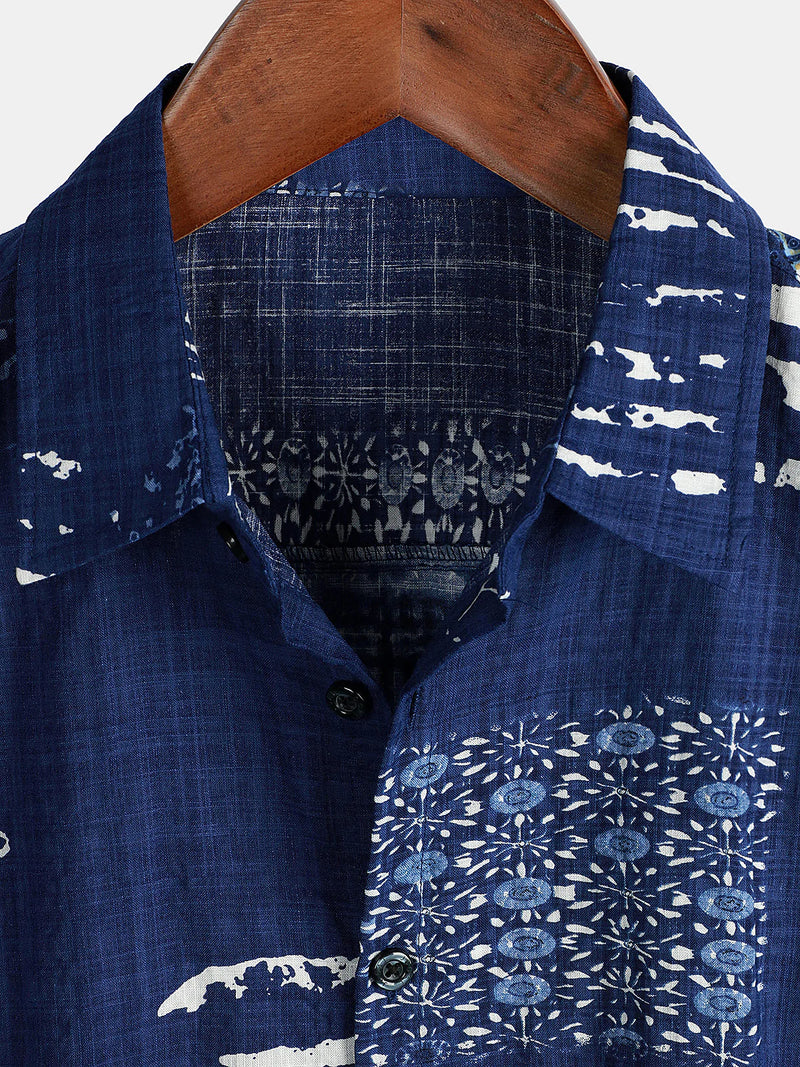 Men's Vintage Patchwork Breathable Cotton Button Up Short Sleeve Navy Blue Shirt