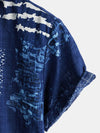 Men's Vintage Patchwork Breathable Cotton Button Up Short Sleeve Navy Blue Shirt