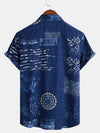 Men's Vintage Patchwork Breathable Cotton Button Up Short Sleeve Navy Blue Shirt