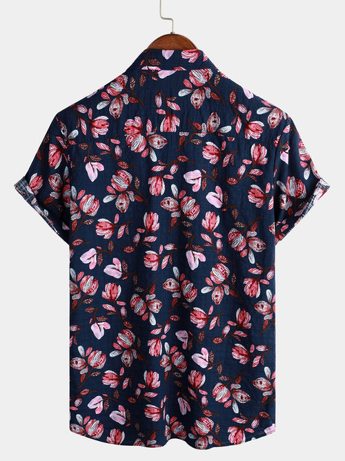 Men's Floral Print Flowers Summer Button Up Breathable Cotton Short Sleeve Shirt