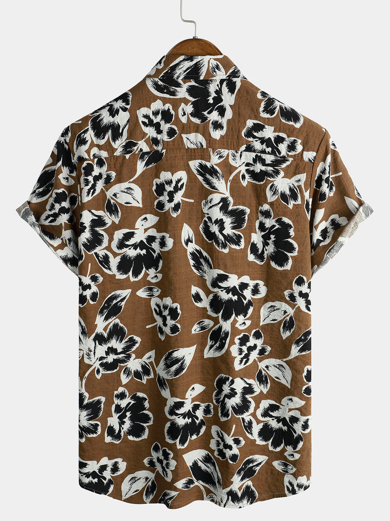 Men's Vintage Floral Breathable Cotton Brown 70s Short Sleeve Shirt