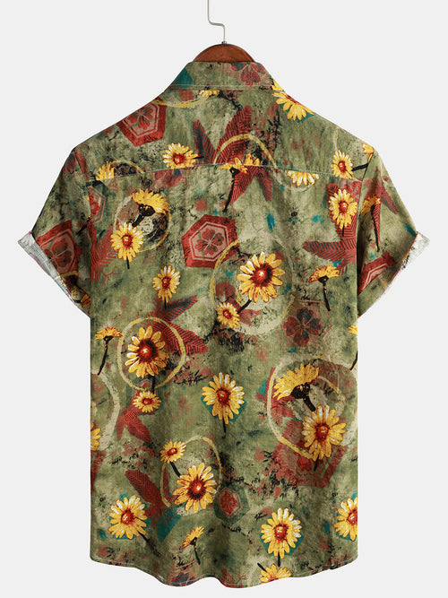 Men's Vintage Sunflower Floral Summer Short Sleeve Hawaiian Beach Shirt