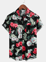 Men's Floral Print Black Pocket Vintage Flowers Short Sleeve Cotton Summer Holiday Shirt