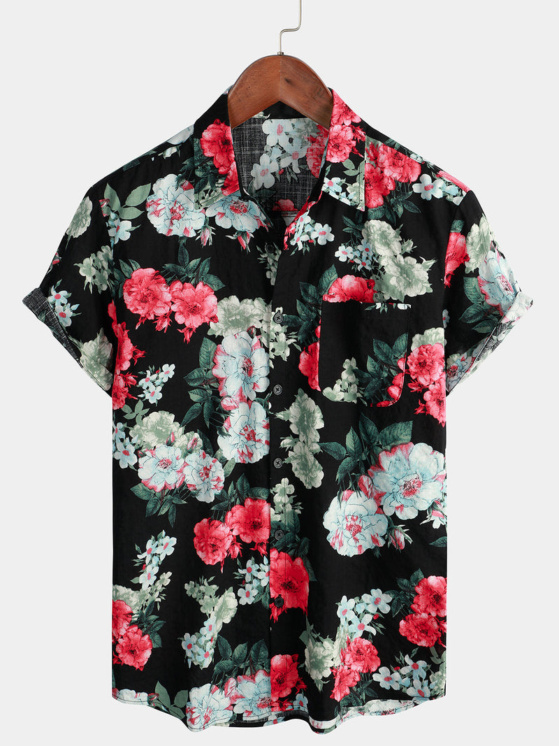 Men's Floral Print Black Pocket Vintage Flowers Short Sleeve Cotton Summer Holiday Shirt