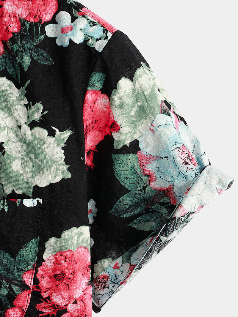 Men's Floral Print Black Pocket Vintage Flowers Short Sleeve Cotton Summer Holiday Shirt