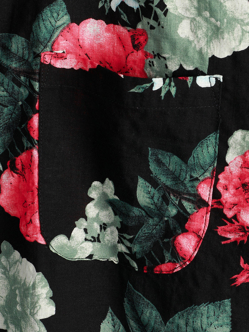 Men's Floral Print Black Pocket Vintage Flowers Short Sleeve Cotton Summer Holiday Shirt