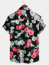 Men's Floral Print Black Pocket Vintage Flowers Short Sleeve Cotton Summer Holiday Shirt