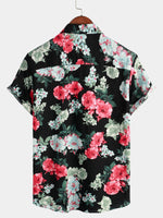 Men's Floral Print Black Pocket Vintage Flowers Short Sleeve Cotton Summer Holiday Shirt