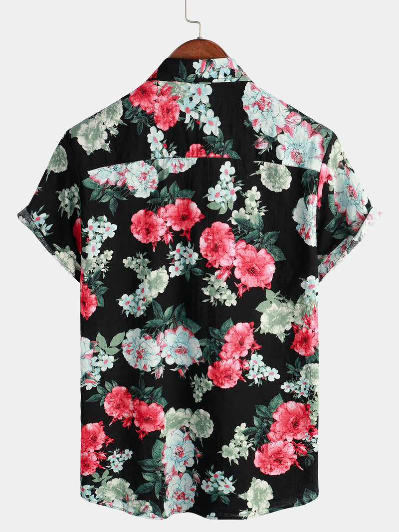 Men's Floral Print Black Pocket Vintage Flowers Short Sleeve Cotton Summer Holiday Shirt