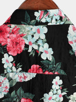 Men's Floral Print Black Pocket Vintage Flowers Short Sleeve Cotton Summer Holiday Shirt