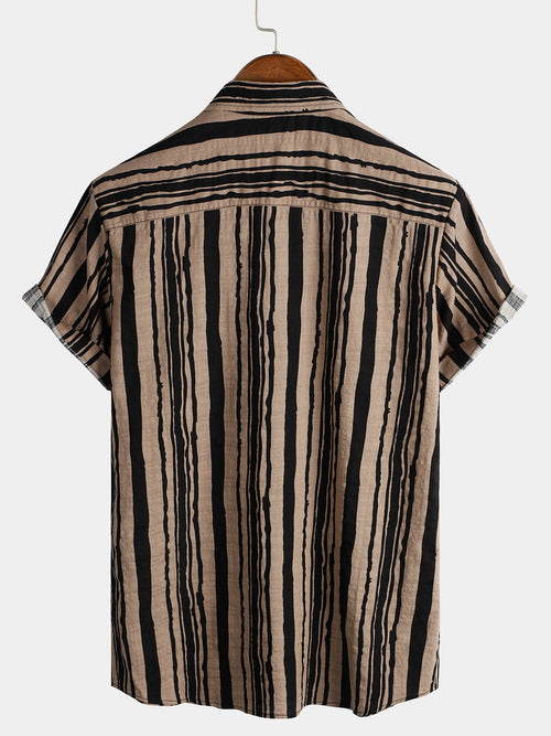 Men's Vintage Striped Brown Cotton Casual Button Up Short Sleeve Shirt