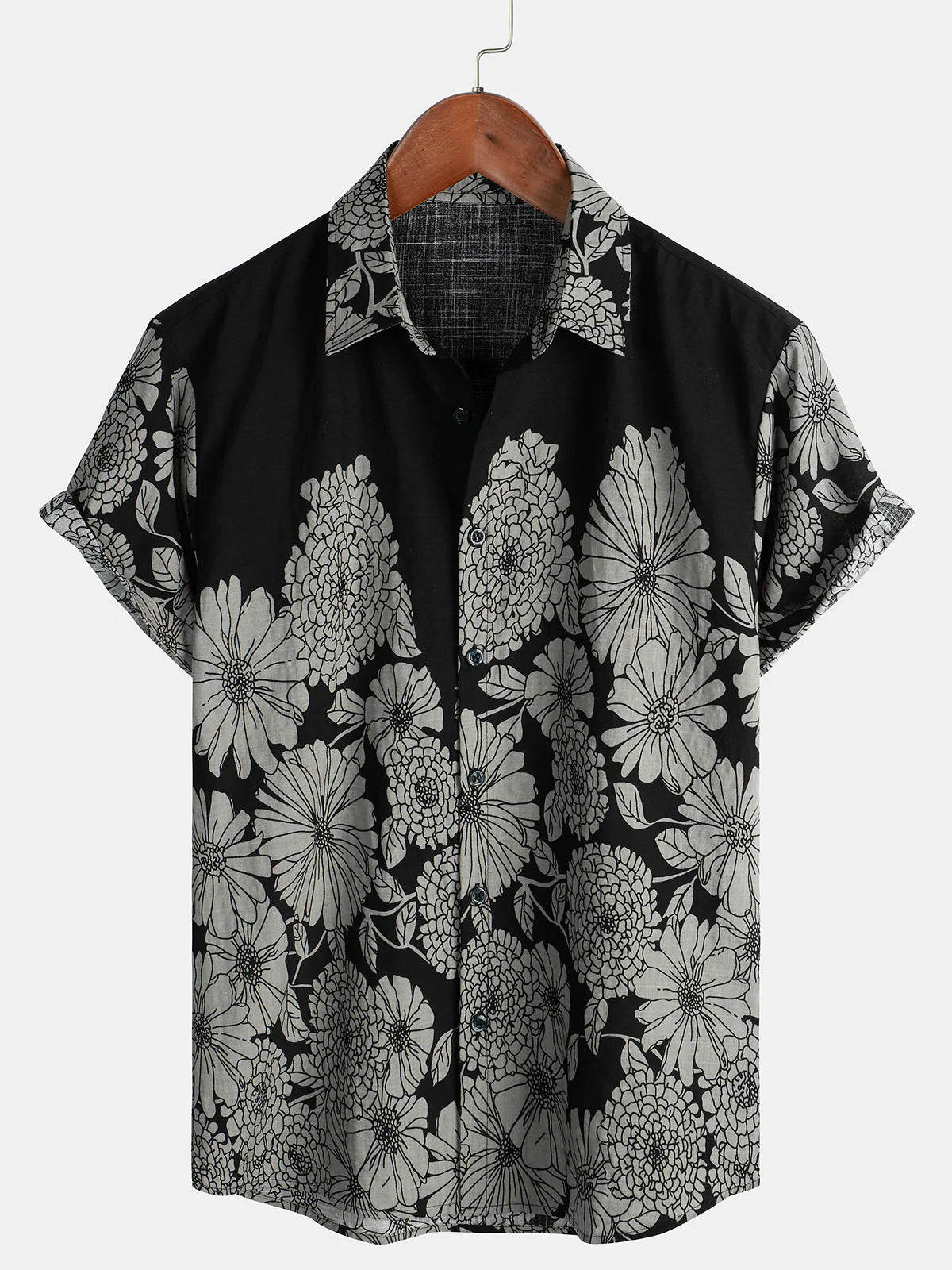 Men's Cotton Daisy Print Flowers Holiday Black Floral Short Sleeve Shirt