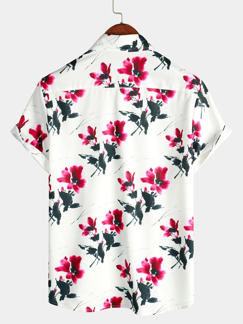 Men's Vintage Red Floral Print Flower Button Up Resort Holiday Short Sleeve Shirt