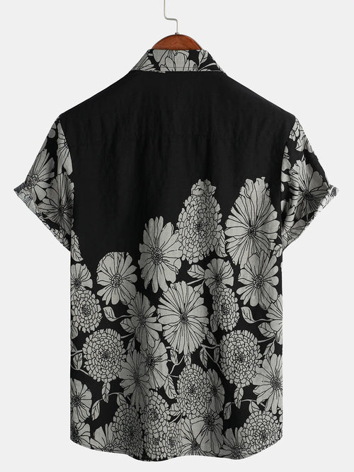 Men's Cotton Daisy Print Flowers Holiday Black Floral Short Sleeve Shirt
