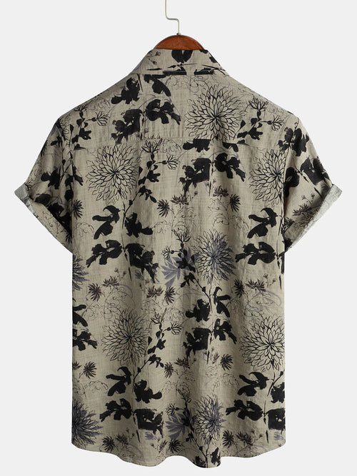 Men's Retro Flower Print Floral Button Up Vintage Holiday Short Sleeve Shirt