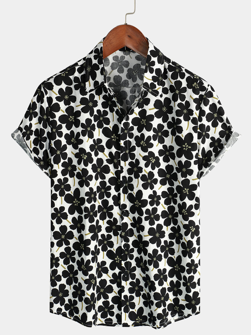 Men's Casual Black Floral Button Up Holiday Flower Short Sleeve Hawaiian Shirt