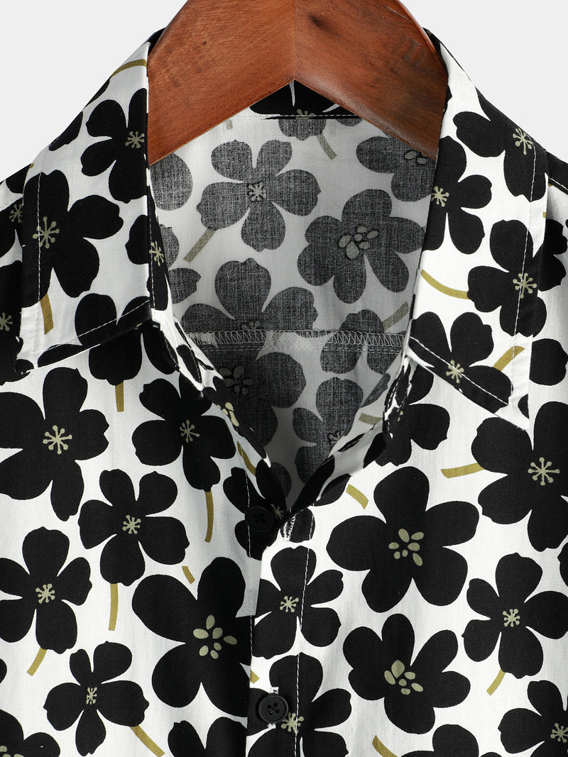 Men's Casual Black Floral Button Up Holiday Flower Short Sleeve Hawaiian Shirt