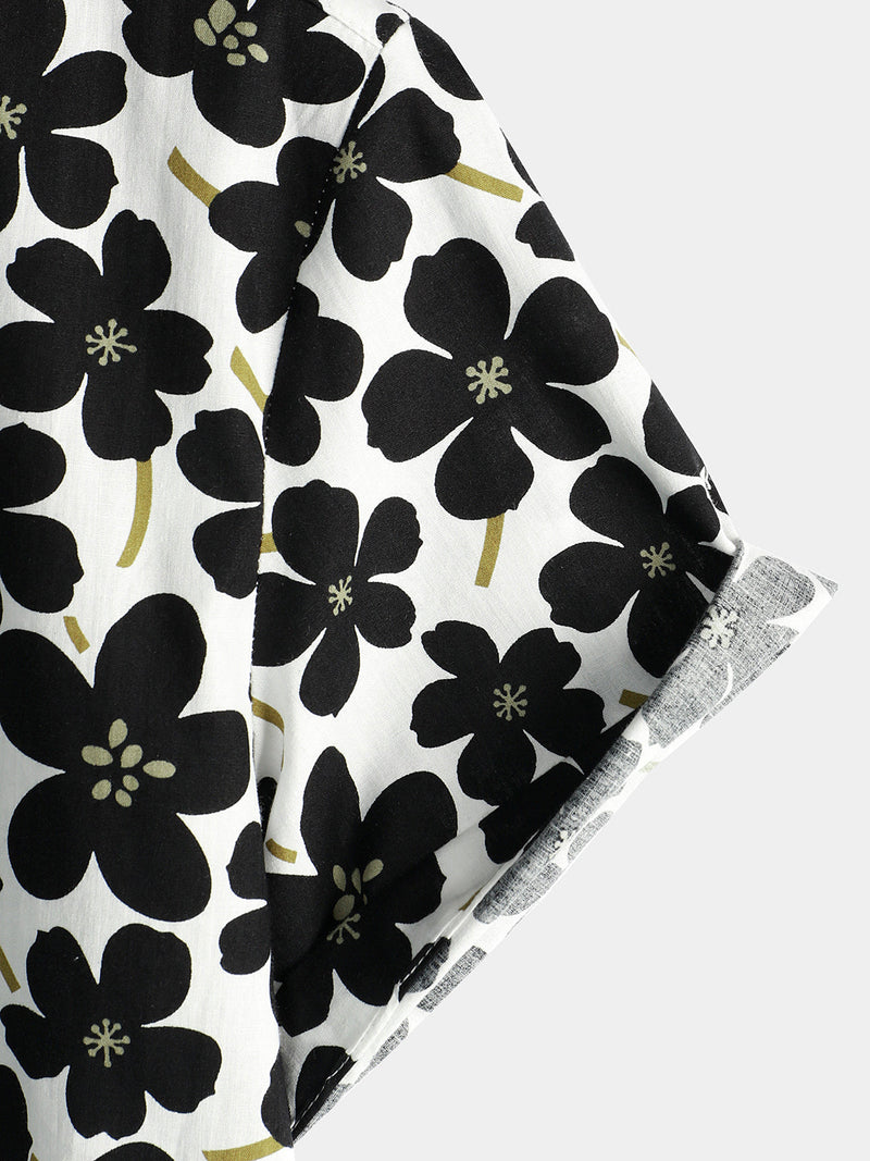 Men's Casual Black Floral Button Up Holiday Flower Short Sleeve Hawaiian Shirt