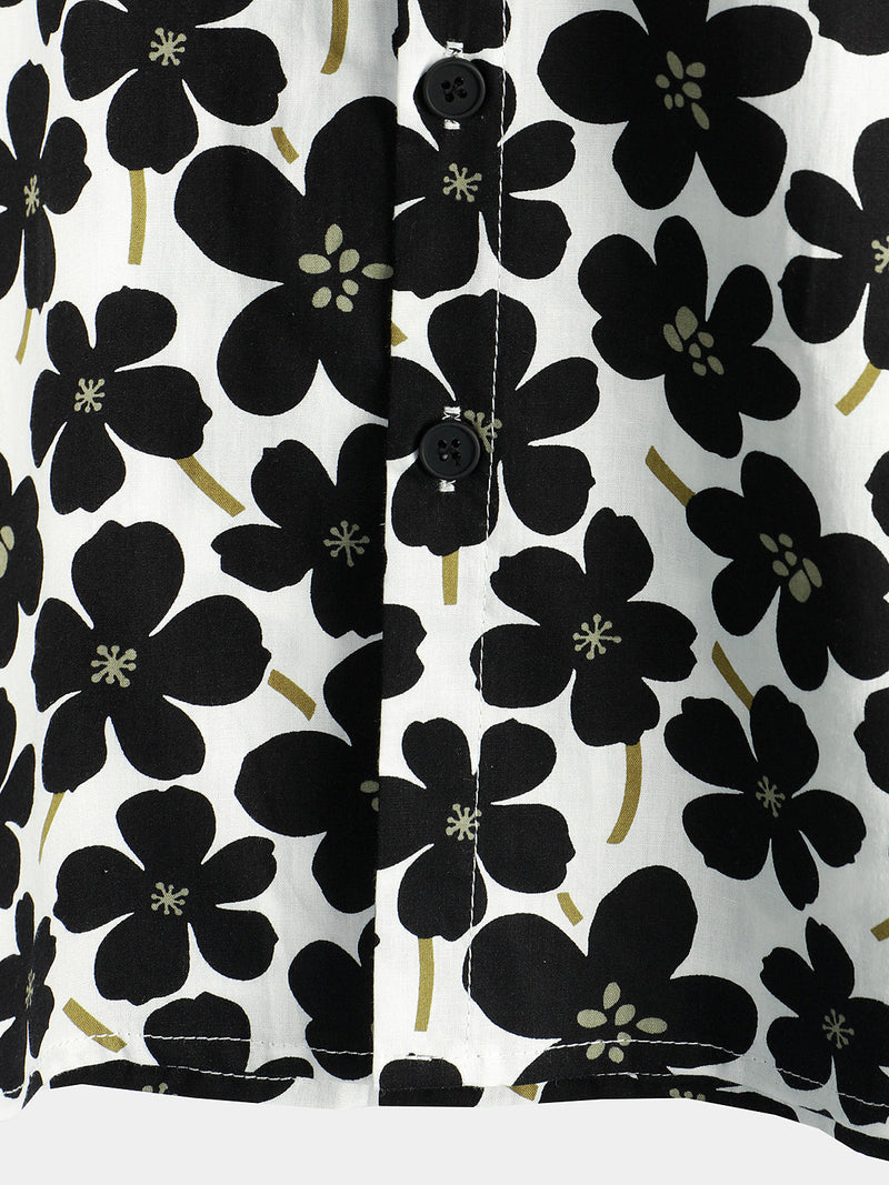 Men's Casual Black Floral Button Up Holiday Flower Short Sleeve Hawaiian Shirt