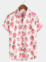 Men's Pink Floral Summer Flowers Cotton Breathable Button Up Cotton Short Sleeve Shirt