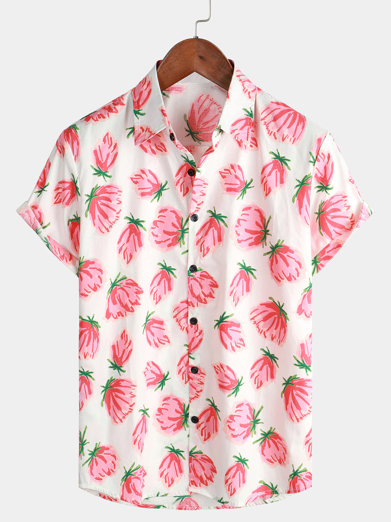 Men's Pink Floral Summer Flowers Cotton Breathable Button Up Cotton Short Sleeve Shirt