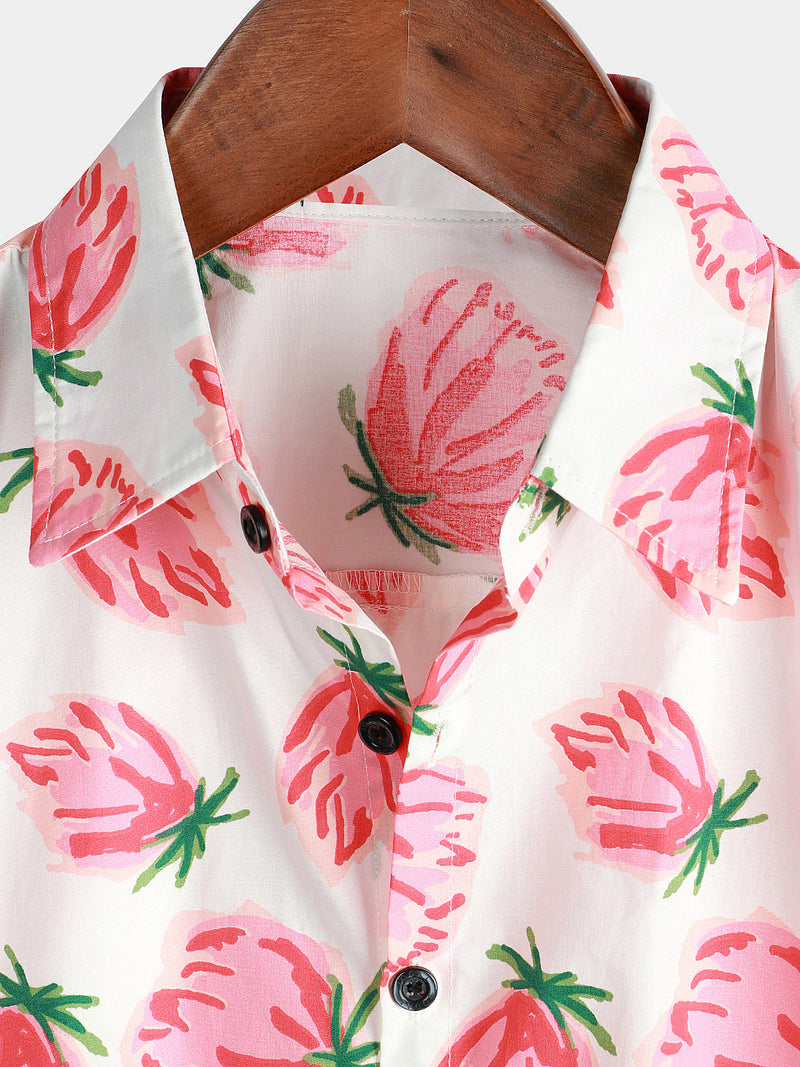 Men's Pink Floral Summer Flowers Cotton Breathable Button Up Cotton Short Sleeve Shirt
