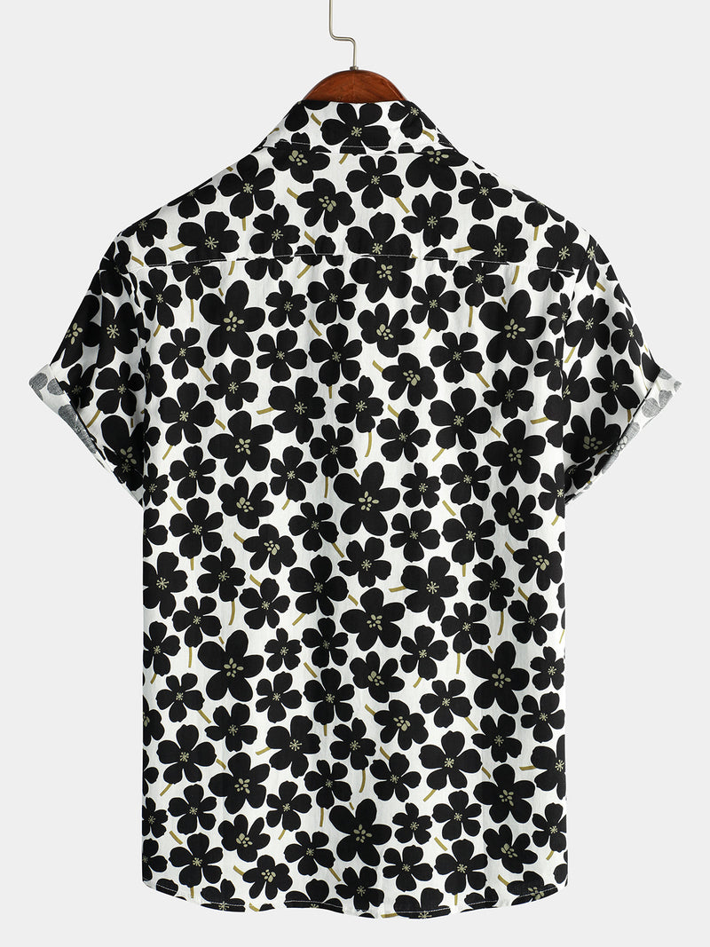 Men's Casual Black Floral Button Up Holiday Flower Short Sleeve Hawaiian Shirt