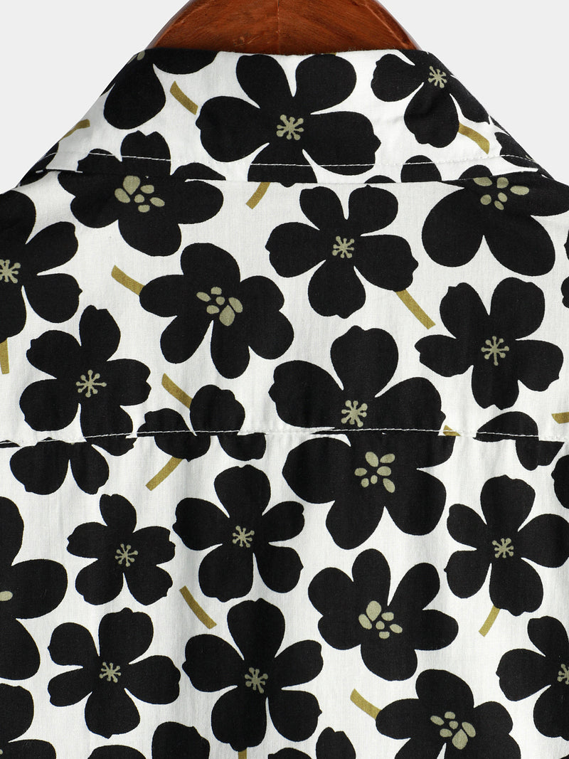 Men's Casual Black Floral Button Up Holiday Flower Short Sleeve Hawaiian Shirt