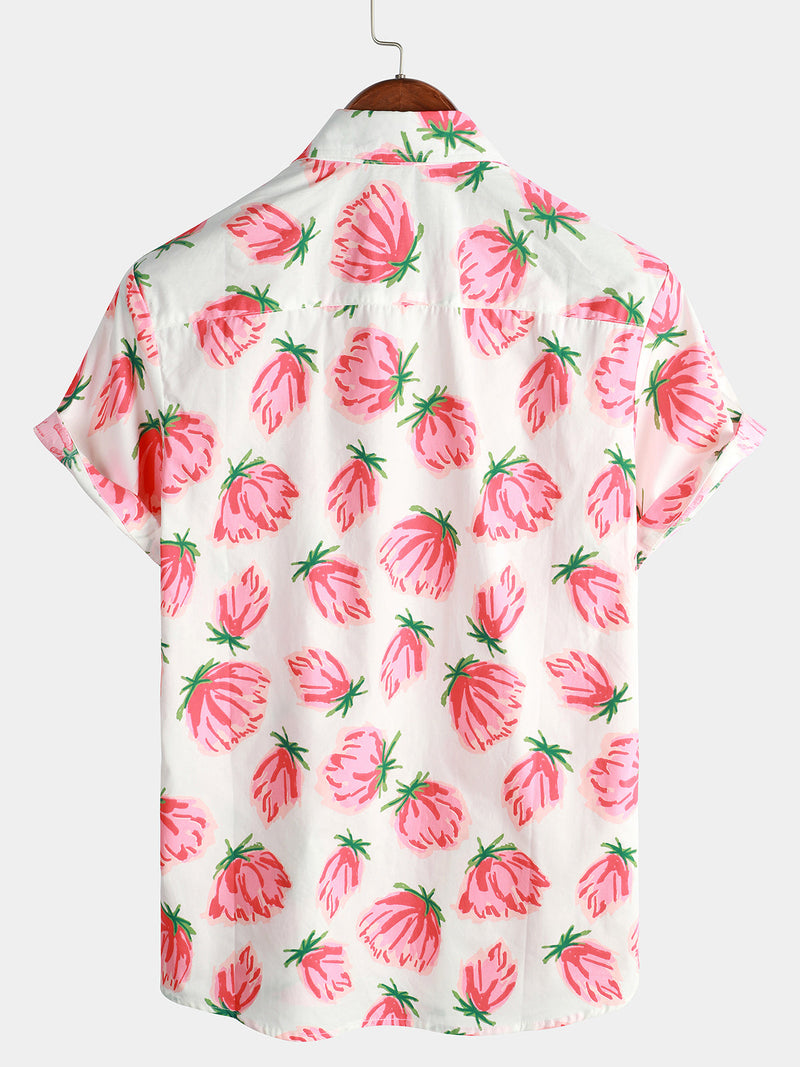 Men's Pink Floral Summer Flowers Cotton Breathable Button Up Cotton Short Sleeve Shirt