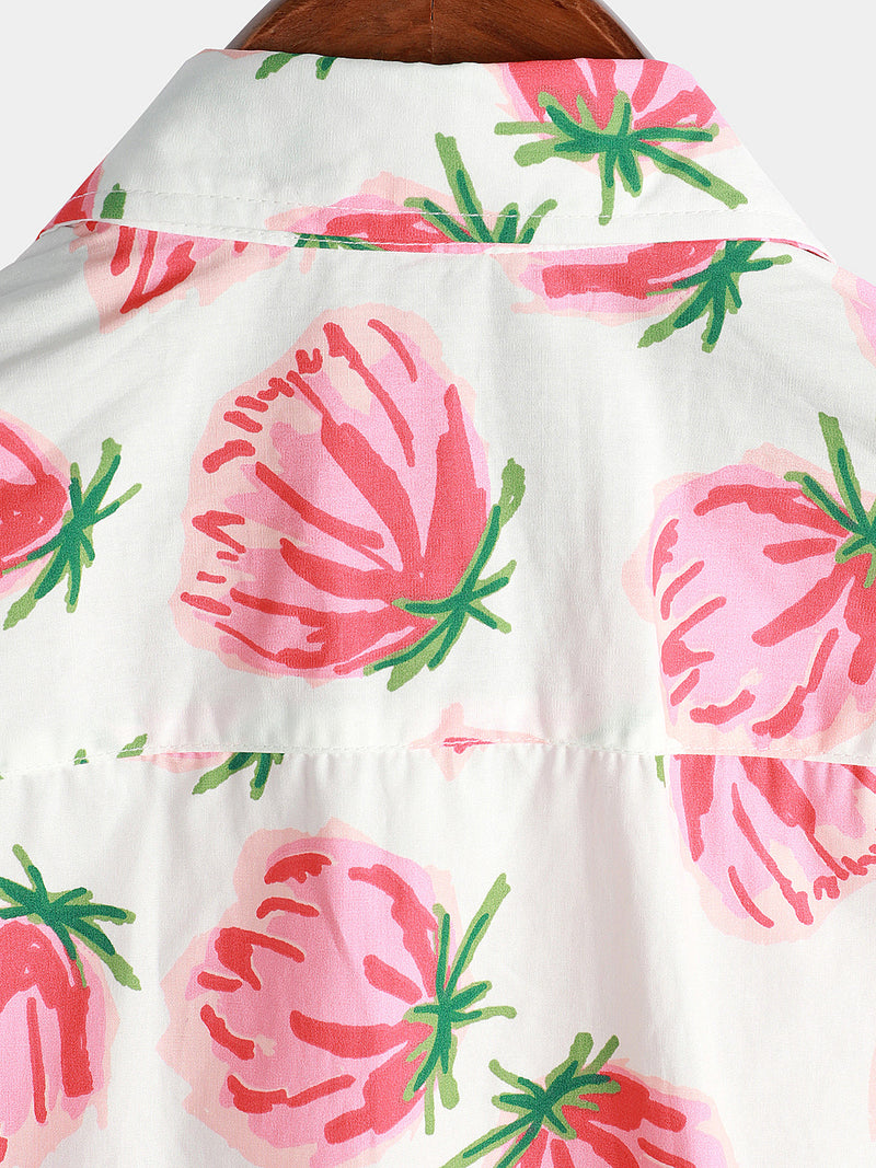 Men's Pink Floral Summer Flowers Cotton Breathable Button Up Cotton Short Sleeve Shirt