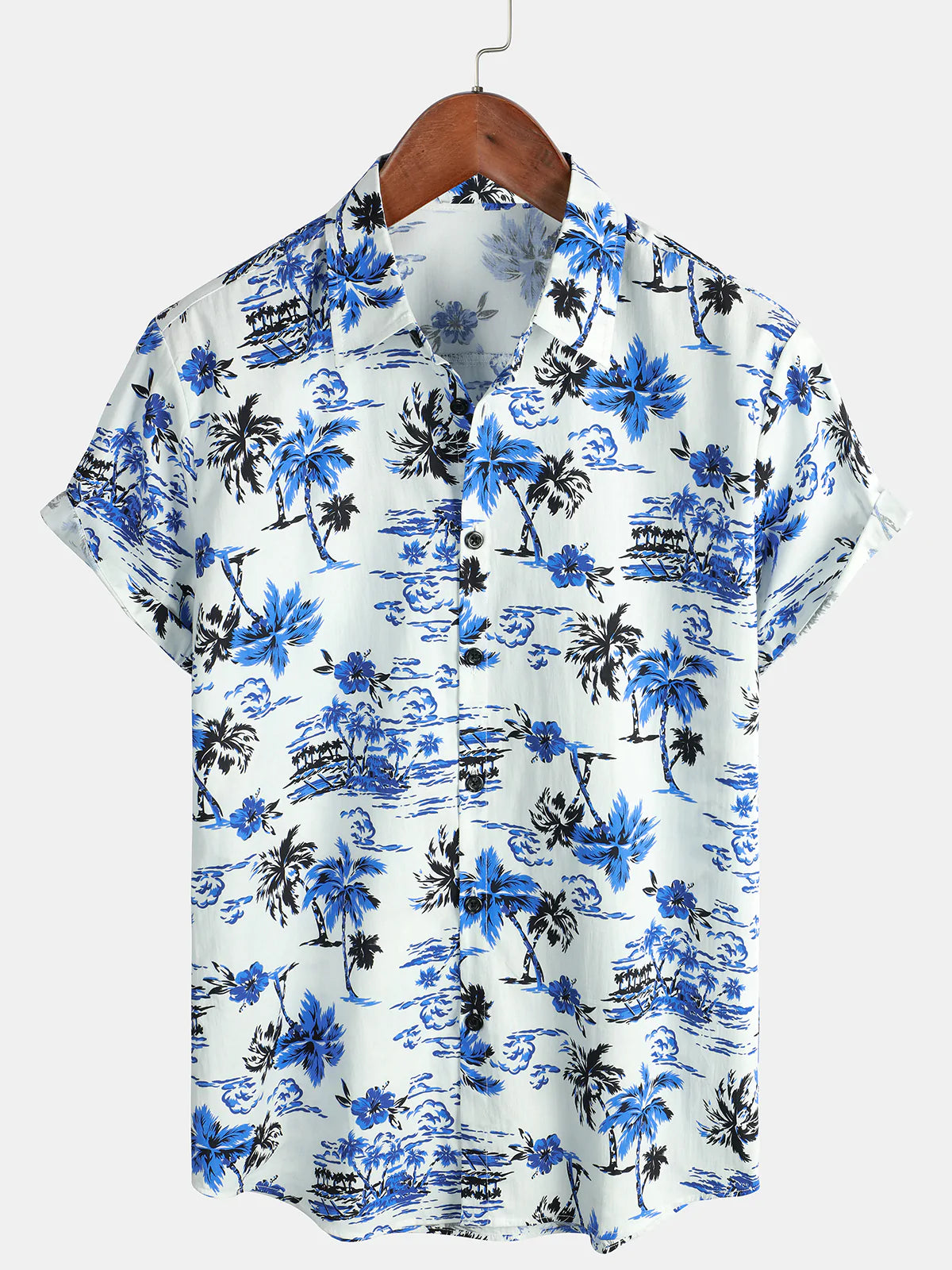 Men's Tropical Palm Tree Print Summer Vacation Cotton Aloha Short Sleeve Hawaiian Shirt