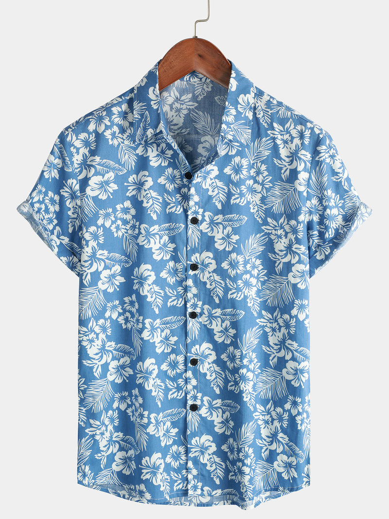 Bundle Of 2 | Men's Tropical Floral Plant Leaf Cotton Short Sleeve Aloha Resort Beach Shirts